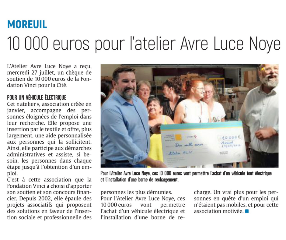 La fondation Vinci offre un chèque de 10000 euros à l'atelier d'insertion Avre Luce Noye